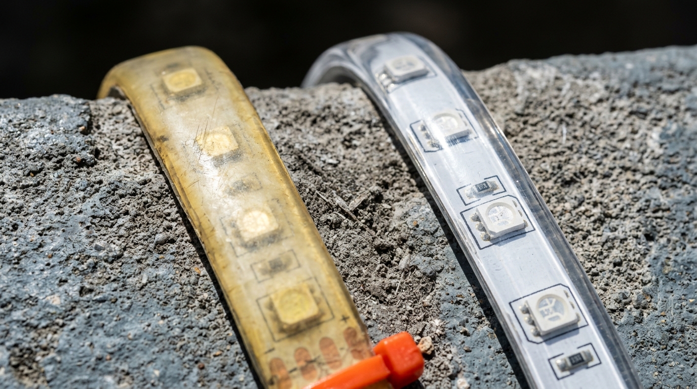 Two lengths of LED strip on weathered grey concrete in harsh direct sun: the left sample has a yellowed, chalky translucent jacket, the right one a clear glossy silicone jacket