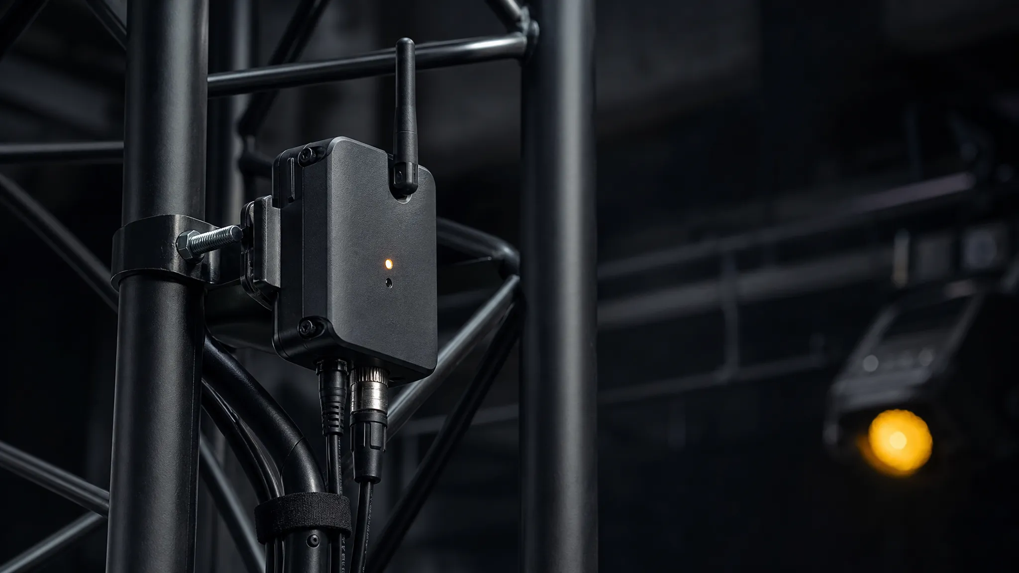 Close-up of a wireless DMX receiver unit on a truss with its pairing indicator lit, cables dressed away from the antenna