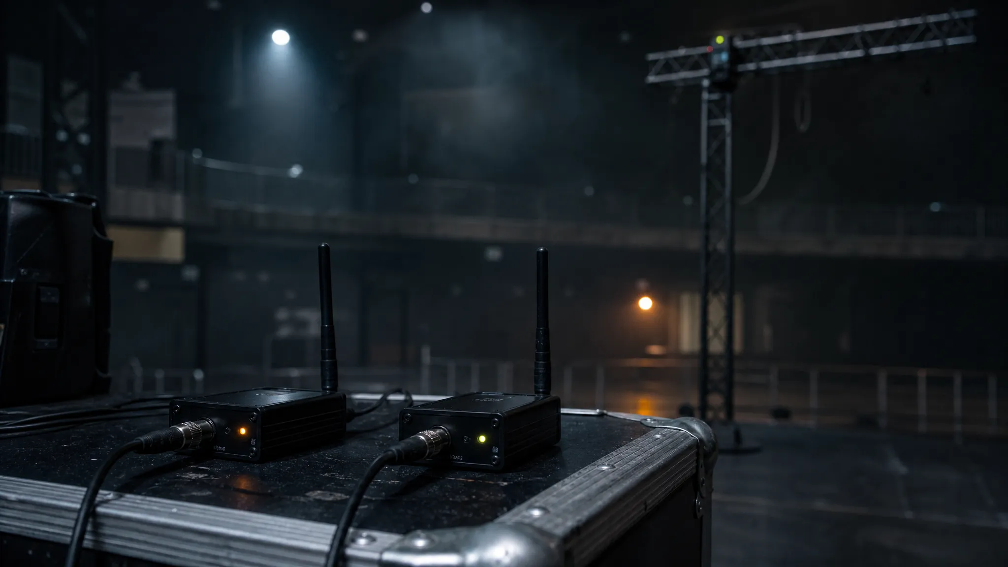 A wireless DMX transmitter and receiver pair set up on a road case in a dark venue before a show, with a lit truss position visible across the room