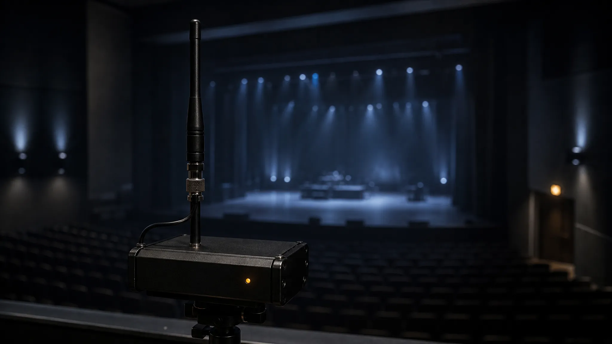 A wireless DMX transmitter on a stand at the front-of-house position with its antenna raised above a dark auditorium